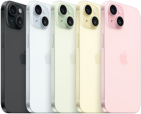 Pohled zezadu na iPhone 15 s vyspělou fotosoustavou a probarveným sklem ve všech barvách: černé, modré, zelené, žluté, růžové.