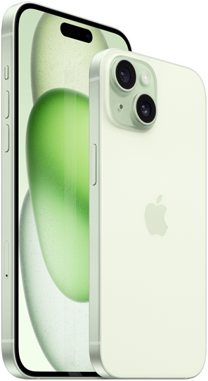 6,7palcový iPhone 15 Plus a 6,1palcový iPhone 15 vedle sebe pro srovnání.