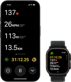 Živá aktivita se zobrazením cyklistických ukazatelů na hodinkách Ultra 2 i na iPhonu