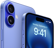 Dva modely, iPhone 16 Plus v ultramarínové zezadu, iPhone 16 v ultramarínové zepředu, kolem obrazovky září Apple Intelligence