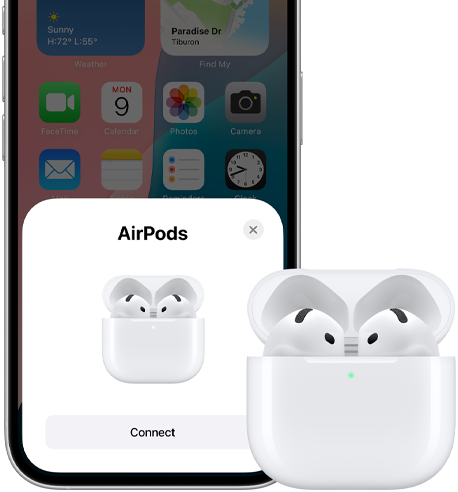 Pohled na iPhone a AirPody. Na displeji je vidět, že jsou AirPody připravené k připojení