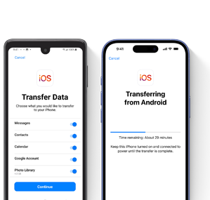 Nastavování nového iPhonu vedle Androidu. Na displeji se zobrazují kroky k přenosu dat z Androidu do iPhonu