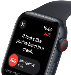 Obrazovka detekce autonehody na Apple Watch SE s tlačítkem Tísňové volání