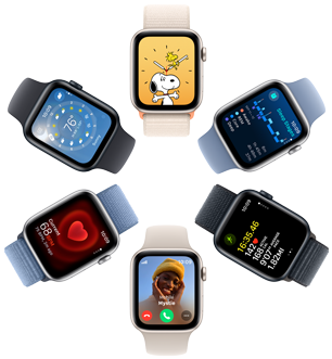 Pohled shora na šest displejů Apple Watch SE s tapetou se Snoopym, informacemi z aplikace Spánek, ukazateli z aplikace Cvičení, příchozím hovorem, tepovou frekvencí a aplikací Počasí.
