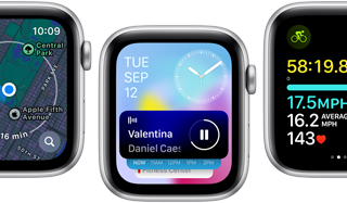 Pohled zepředu na víc obrazovek Apple Watch SE s různými vylepšenými aplikacemi.