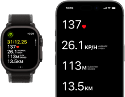 Údaje právě probíhajícího cvičení na Apple Watch Ultra 3 a na iPhonu