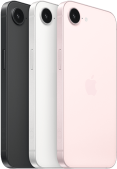 Modely iPhonu 17e, pohled z boku a zezadu, černá barva, pohled z boku a zezadu, bílá barva, pohled z boku a zezadu, jemně růžová barva, Fusion fotoaparát v horní části, boční tlačítko