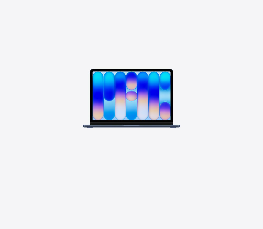 Otevřený MacBook Neo v barvě indigo, tapeta s abstraktním barevným vzorem