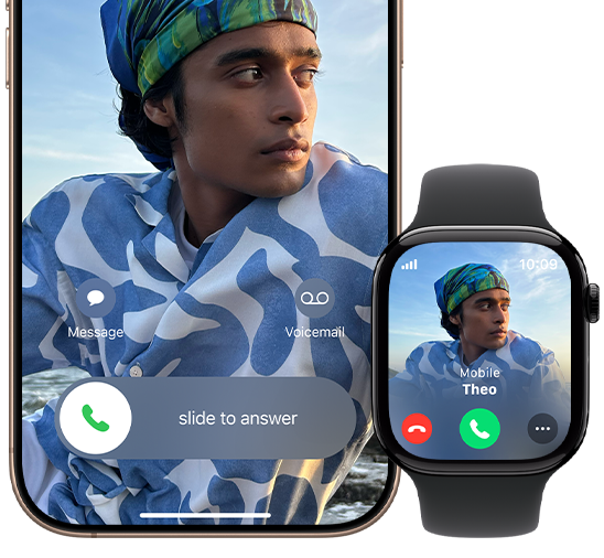 Aplikace Hovory na Apple Watch Series 10, zobrazují se hovory za uplynulou noc, jeden je zvýrazněný