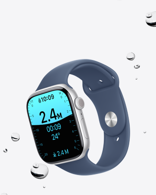 Obrazovka aplikace Hloubka na Apple Watch Series 10, vedle nich kapky vody