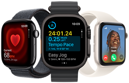 Troje Apple Watch a na nich monitorování tepové frekvence, údaje o cvičení a příchozí hovor.