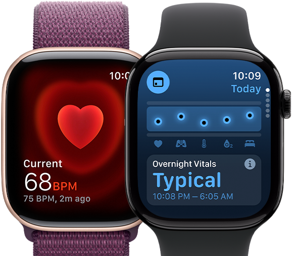 Dvoje Apple Watch Series 10, na jedné obrazovce se ukazují fáze spánku, na druhé upozornění na spánkovou apnoi