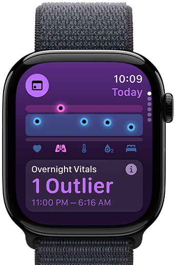 Aplikace Životní funkce na Apple Watch Series 10, zobrazují se životní funkce za uplynulou noc s jednou vybočující hodnotou